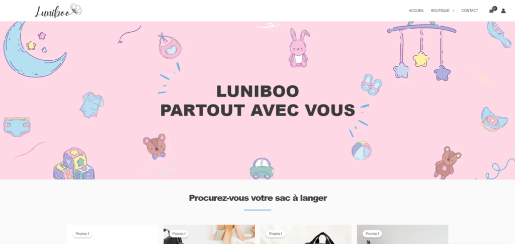 Capture d'écran du site eCommerce sur-mesure pour la société Luniboo.