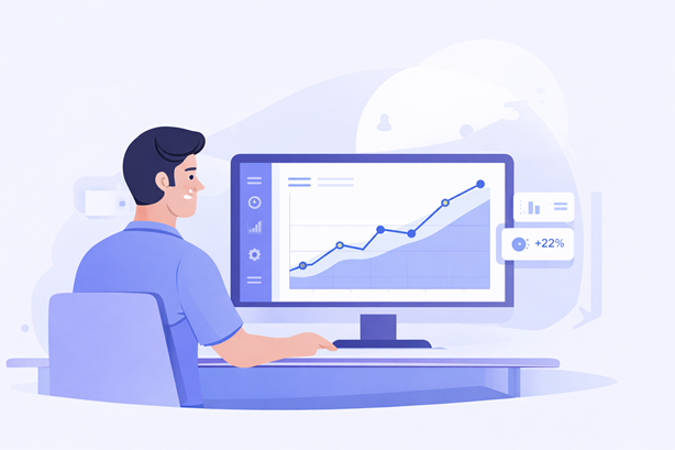 Illustration vectorielle en flat design d’un homme assis de profil devant un ordinateur affichant un tableau de bord analytique avec une courbe de croissance ascendante, dans des tons bleu et violet, style moderne et minimaliste.